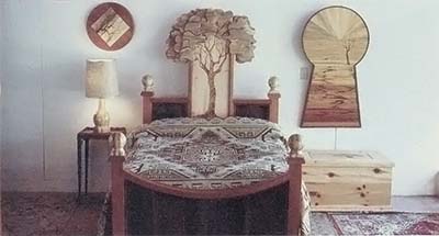 Leahy originally incorporated sun-burned art into his custom made furniture.